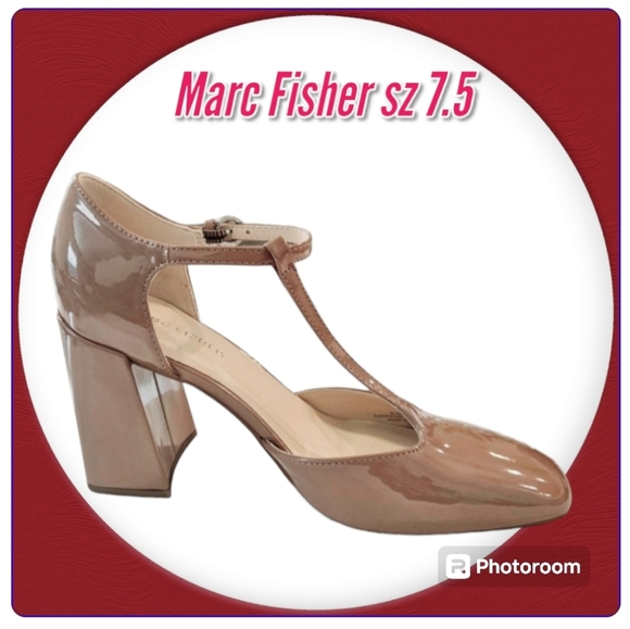 Marc Fisher Tan Patent Leather Shoes T- Strap Block Heel Square Toe  Pump sz 7.5 - Picture 1 of 13